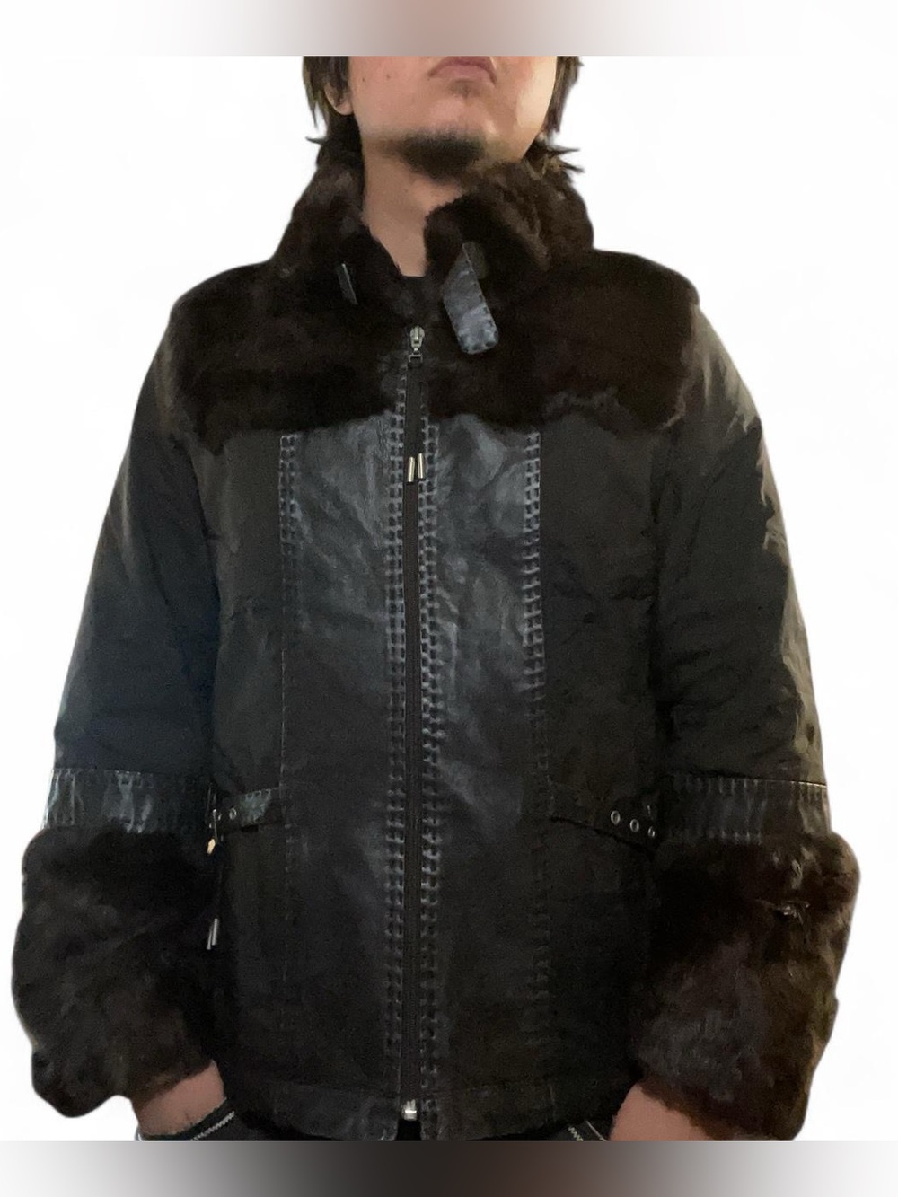 Y2K Fur Trim Leather Panel Coat Belted Mob‎ Wife Aesthetic Vintage Korean Jacket